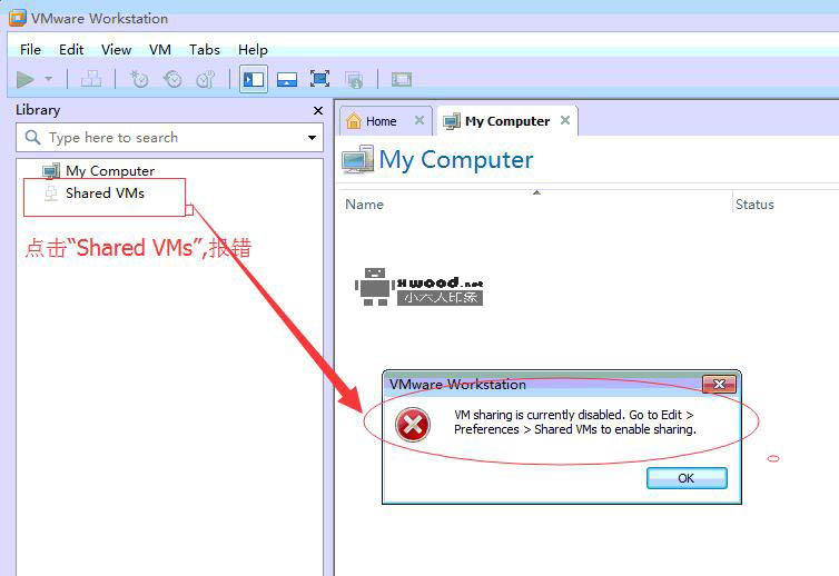 断电重启后进入Vmware无法正常显示使用,报"VM sharing is currently disabled.."